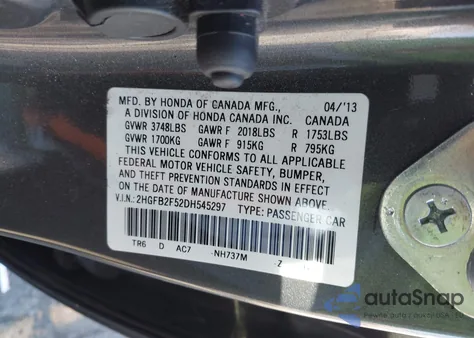 2013 Honda Civic Lx z USA, uszkodzony, nr VIN 2HGFB2F52DH545297